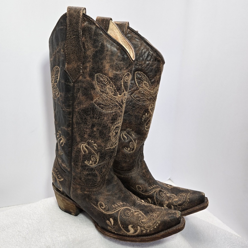 Corral Womens Boots Size 7 Leather Butterlfy Brown Snip Toe Cowgirl Western